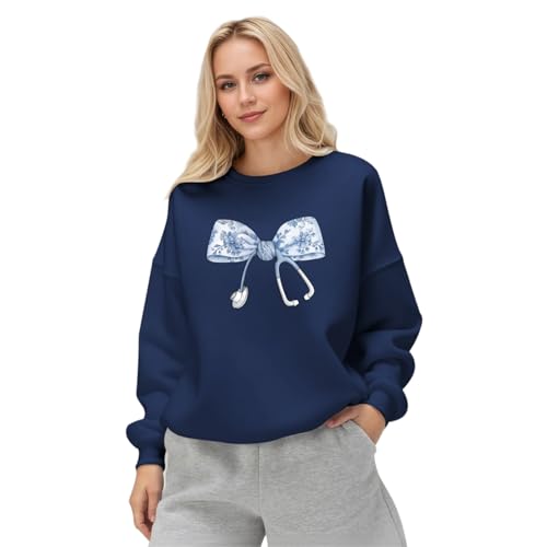 Migxsaf Nurse Sweatshirts for Women Bow Stethoscope Sweatshirt Floral Flower Long Sleeve Shirts Graphic Crewneck Pullover(Navyblue M)
