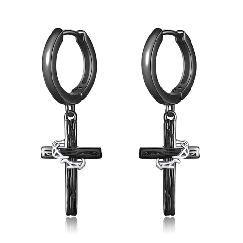 Black Cross Earrings Sterling Silver Cross with Thorn Dangle Earrings for Men Cross Jewelry for Men