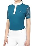 Harrison Howard Short Sleeve Lace Top Show Shirt Breathable Comfortable Stretchy with Graceful Back Lace and Rhinestone Detailing Rider Top,Teal,Medium