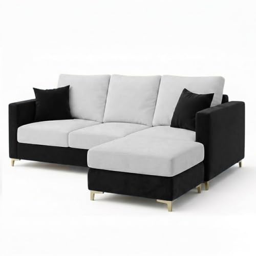 Image of Hayes Rich 4 Seater L Shape Sofa Set with Movable Ottomans | Flexible Layout | Velvet Suede Fabric | Golden Aesthetic Legs | Dual Tone Modern Sofa for Living Room (Black-Light Grey)