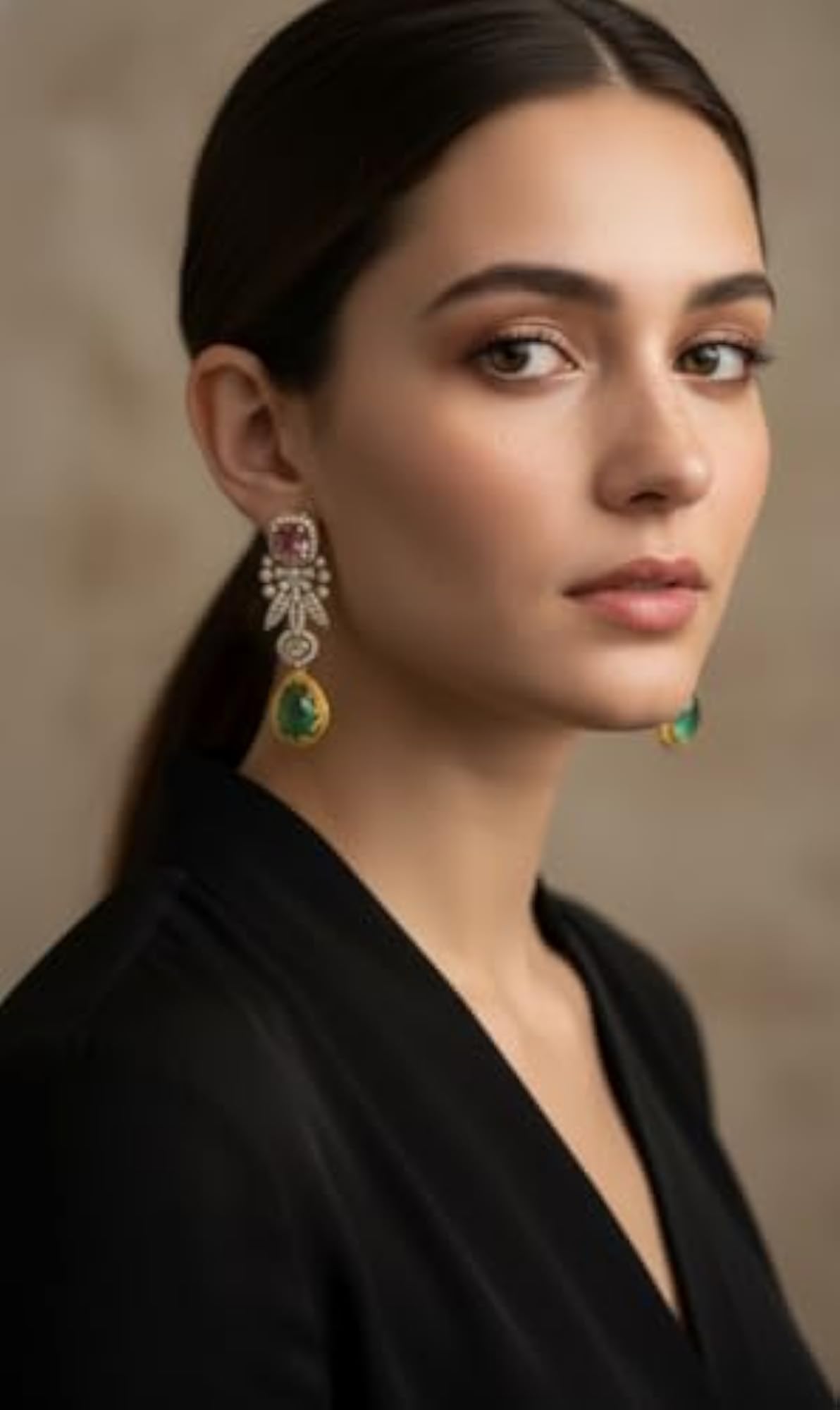 Women's Gold-Plated Designer Drop Earrings with Pink & Green Stones