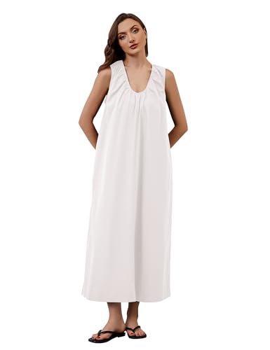 Image of OLAPTA Women Summer Sleeveless Maxi Dress Scoop Neck Ruched Loose Fit Casual Elegant Solid Vacation Long Dress with Pockets