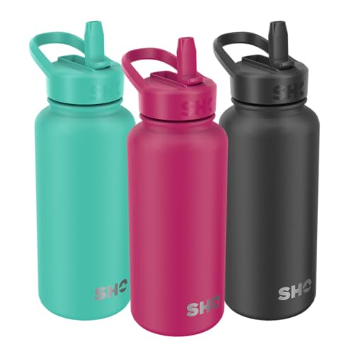 SHO Guzzler Water Bottle with Straw Lid, Leakproof, Dishwasher Safe, BPA Free, No Sweat