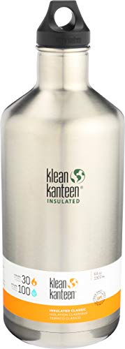 Klean Kanteen Classic Stainless Steel Double Wall Insulated Water Bottle with Loop Cap, 64-Ounce, Brushed Stainless