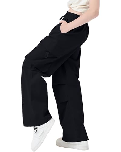 Image of AOWKULAE Girls Cargo Pants Baggy Drawstring Parachute Pants 5-16 Years | High Waist, Elastic Waist,Y2K Style,Comfortable and Loose Fit,Daily Casual Outfits