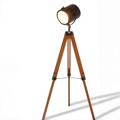 Image of Adjustable Vintage Wood Tripod Floor Lamp for Living Room, Spotlight Black