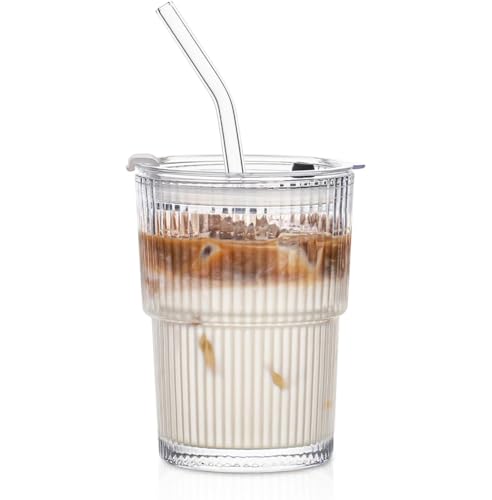Image of KHOLAD Glass Water Tumbler with Straw and Lid Sealed Carry On Thick Wall Iced Coffee Sipper Cup Glass Cup for Water, Iced Tea Fruit Juice Set of 1, 400ml (Clear)