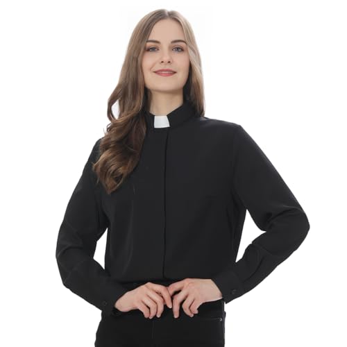 Priest Clergy Shirt for Women Pastor Tab Collar Lady Button Front Clerical Long Sleeve Shirt3