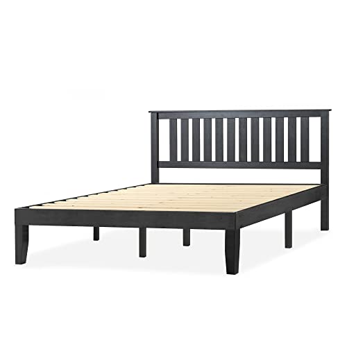 Mellow Marley 14 Inch Solid Wood Platform Bed with Paneled Headboard, Ebony Black, King