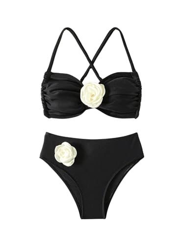 Image of OYOANGLE Girl's 2 Piece 3D Rose Swimsuit Criss Cross Backless High Waisted Swimwear Bathing Suits Black 5Y