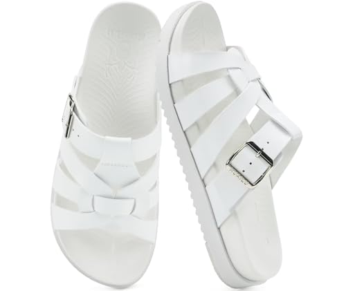 Image of KuaiLu Gladiator Sandals for Women with Comfortable Arch Support Summer Beach Walking Fisherman Slides Boho Outfits Flats Slip on Cushion Shoes Indoor Outdoor