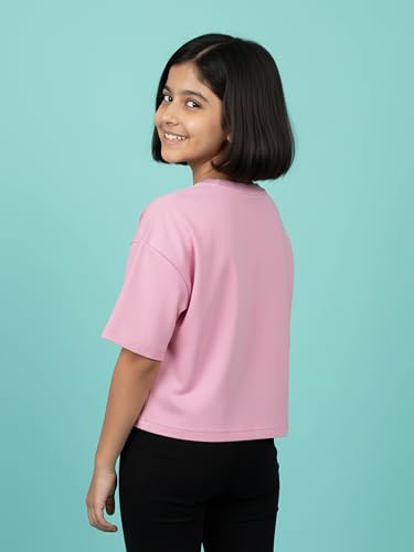 Image of KiddoPanti Girls 100% Cotton Solid Drop Shoulder Half Sleeve Round Neck Crop Tee
