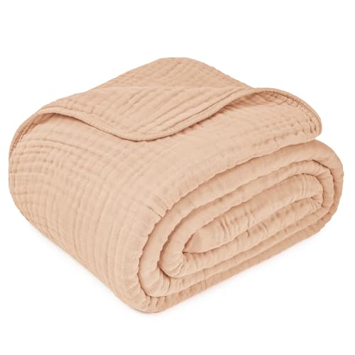Image of Comfy Cubs Muslin Throw Blanket - 50 inch x 60 inch Quilted Design - Lightweight, Breathable 6-Layer Gauze Fabric - Soft Cotton Blanket for Home or Travel - Packaged in Elegant Gift Box - Cream