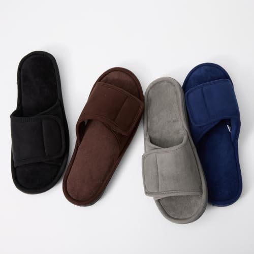 Image of Men's Open Toe Slippers, 60D Memory Foam Indoor Slip on All-Season Wear | Adjustable Strap, Luxurious Suede Upper, Machine Washable, Gift, Moisture-Wicking Coral Fleece Lining