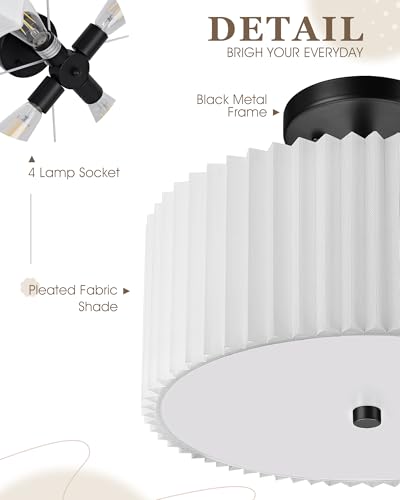 Image of Semi Flush Mount Ceiling Lights, 4-Light 18 inch Matte Black Ceiling Light Fixture with White Pleated Fabric Shade, Drum Lamp for Nursery Hallway Bedroom Kitchen, AD-25036-4SF-BK