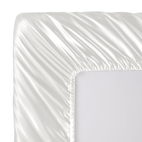 Image of SiinvdaBZX 3-Piece Set Satin Full Fitted Sheet & 2 Pillowcase, Ivory White Silky Soft Fitted Bottom Sheet, Wrinkle Free, Fade Resistant, Deep Pocket Bed Sheet (Deep Up to 15 inch)