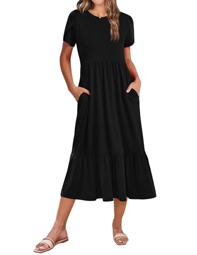 Image of Zeagoo Women Summer Midi A Line Dress Short Sleeve Casual Flowy Tiered Beach Long Sundress with Pockets 2026 Vacation Travel