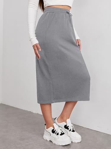 Women's Drawstring High Waisted Midi Skirts Casual Skirt with Pockets3