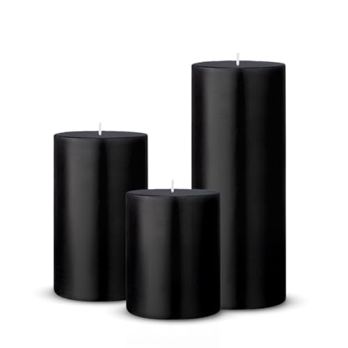 Set of 3 Different Sizes Black Pillar Candles Unscented Dripless 2.75x3 2.75x4 2.75x6 Inch Cylinder Column Wax Long Burning Candles for Halloween Home Power Outage Emergency Dinner Table Decoration