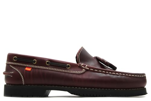 S@kut - Zapato Mocasín de Piel,Suela de Goma,tacón bajo,náutico clásico con borlas para: Hombre Color: Burdeos Talla:46