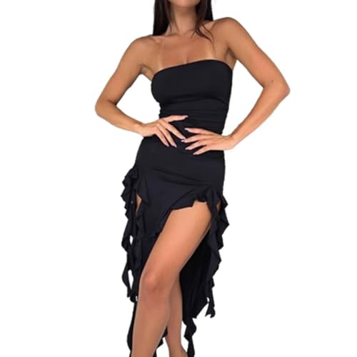 Summer Ruffle Tube Dress Birthday for Women Strapless Y2K Ruched Slit Thigh Bodycon Tassel Dress2