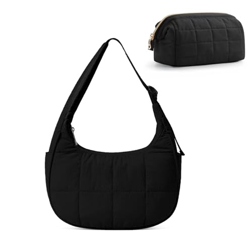 Image of Small Puffer Bag, Crescent Shoulder Bag for Women,Nylon Quilted Tote Handbags with Adjustable Strap (Black + Cosmetic Bag)