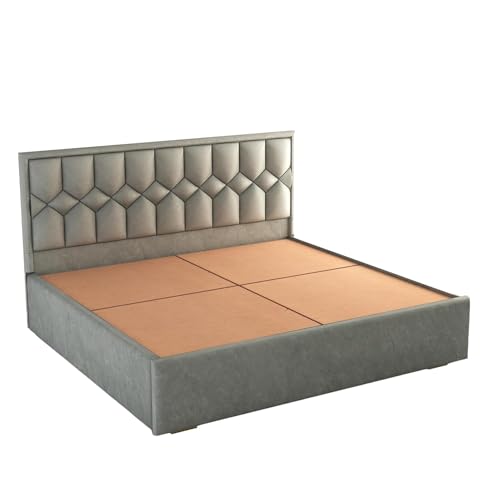 Image of Premium King Size Upholstered Bed with Padded Headboard | Platform Bed for Master Bedroom, Comfortable Back Support & Elegant Bedroom Furniture | Strong & Durable Solid Wood Frame | Grey