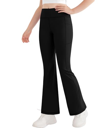 DOCUMO Girls Flare Leggings with Pockets - Bell Bottoms High Waist Full Length Yoga Pants Stretch Bootcut Athletic Leggings Kids Teen Girls (Black, Medium)