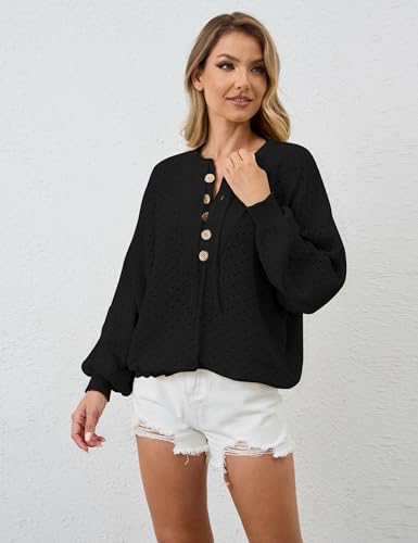 Women Oversized Button Down Hollow Out Crochet Sweater Pullover Drawstring Henley Neck Long Sleeve Knit Crochet Tops2