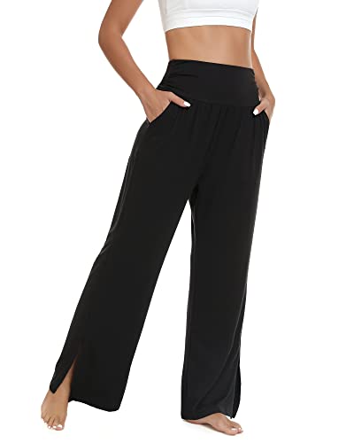 Hohe Taille Jogginghose Damen mit Taschen, Knotenbund Damen Yogahose mit...