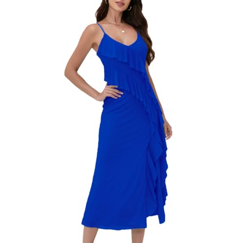 Image of Women's Spaghetti Strap Ruffle Side Split Long Dress Bodycon Beach Maxi Dresses