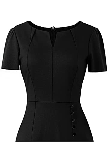Vfshow Womens Black Pleated Notch V Neck Pockets Buttons Split Work Office Business Party A-Line Midi Dress 6012 Blk S #TOP5