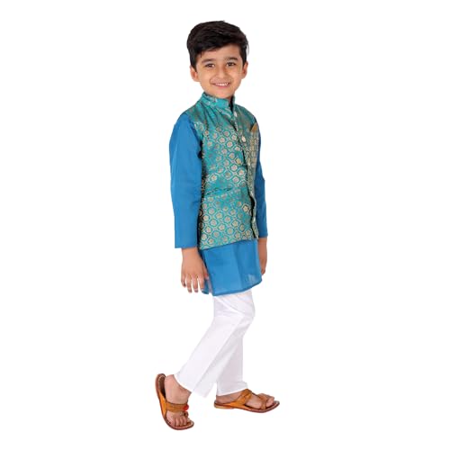 Image of Superminis Boy's Cottton Kurta Cotton Brocade Printed With Golden Thread Work Nehru Jacket and Elastic Closure Pyjama Set