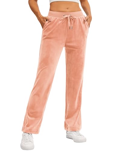 TACVASEN Womens Velvet Pants Soft Velour Straight Leg Sweatpants with Pockets Warm Elastic Waist Athletic Apricot S