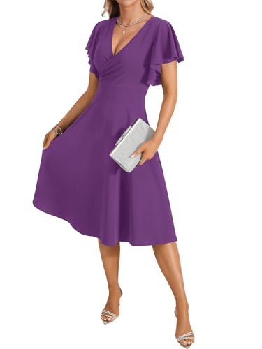 Image of LYANER Women's Warp V Neck Ruffle Short Sleeve A Line Swing Flared Cocktail Party Midi Dress