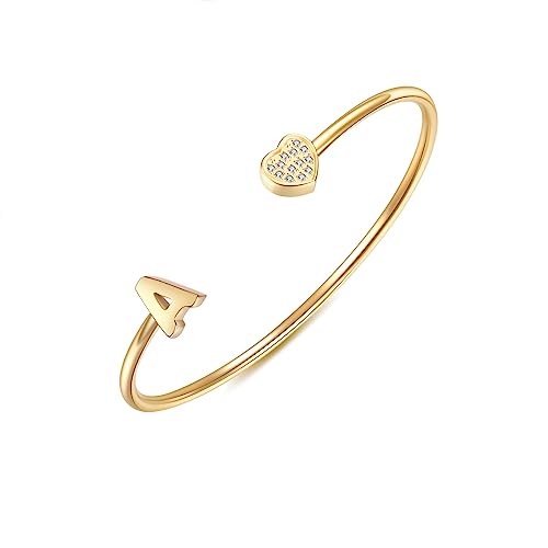 Image of VQYSKO Heart Initial Cuff Bracelets for Woman-CZ Stainless Steel Adjustable Open Bracelet Woman Jewellery,Birthday Gifts for Woman
