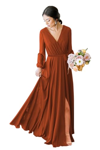 POMUYOO Long Sleeve Chiffon Bridesmaid Dresses for Women Fall Maxi Pleated Formal Gown with Slit YG184