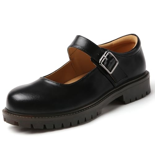 XSE Mary Jane Shoes Women Black Chunky Leather Flats Maryjane Non Slip Walking Shoes Elegant Oxford...