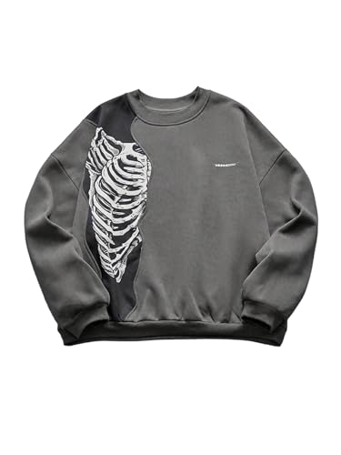 Verdusa Men's Skeleton Graphic Sweatshirt Crew Neck Long Sleeve Drop Shoulder Loose Pullovers Dark Grey Large
