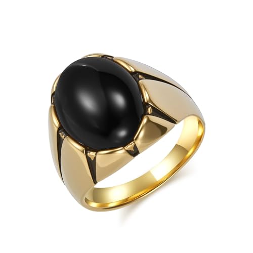Bague vintage acier inoxydable or avec pierre noire ovale de haute qualité