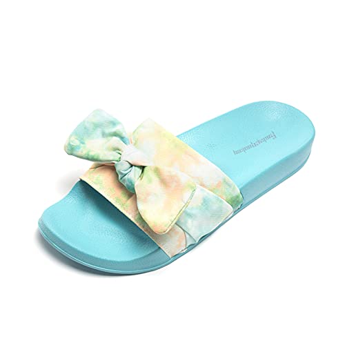 Image of FUNKYMONKEY Women's Bowknot Slides Sandals Comfort Casual Beach Slippers | Soft Denim Fabric Upper & Comfortable EVA Sole, Lightweight Slip-On Slides for Summer, Beach, Pool, and Daily Casual Wear