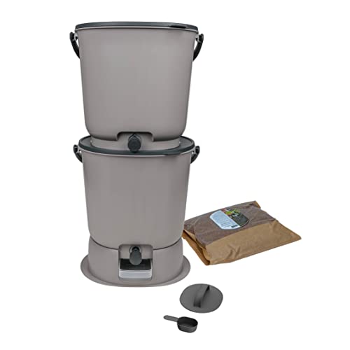 Skaza Bokashi Essential - Set di pattumiera biologica da cucina (2 x 15,3 litri) + base – secchio per compost cucina e giardino in plastica riciclata – Starter Set + incl. 1 kg di base per