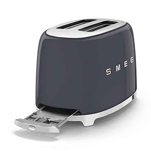 Smeg 50's Style Retro Aesthetic 2 Slice Toaster 6 Presets Extra Wide Slots Grey, TSF01GRUS