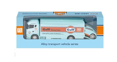 Image of 1:64 Scale Gulf Racing Fuel Die-Cast Car Transporter Truck with Sports Car - Premium Alloy Pull Back Vehicle Toy for Kids & Collectors