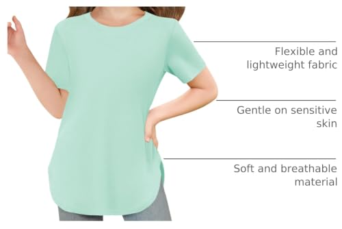 Image of Haloumoning Girls Summer Short Sleeve Shirt Kids Crewneck Curve Hem Soft Tunic Tops T-Shirts 5-14 Years