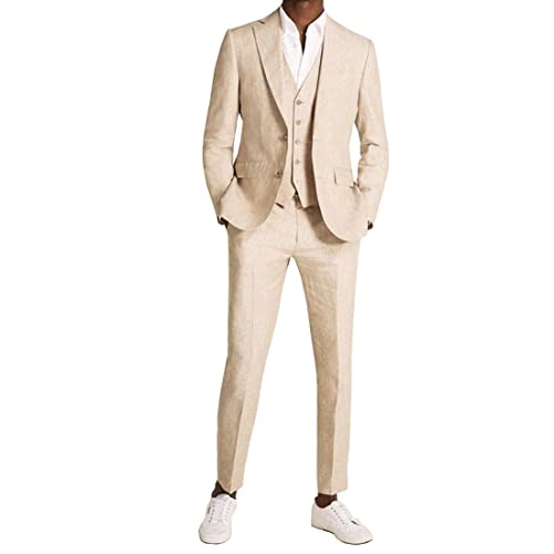 Mens Beige Linen Notch Lapel Blazer Pants Vest Casual Groom Prom Tuxedo Wedding 3 Pieces Summer Suit