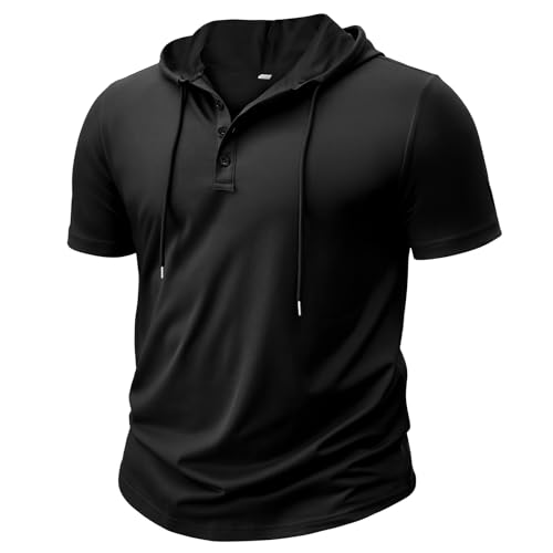 BSBUY Manches Courtes Sweatshirt a capuche Sport Hoodie Hommes, Hoodie Hommes Training Fitness, Chemise D'été, T-Shirt à Capuche pour Running Fitness Gym