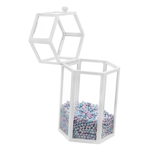 OUNONA Glass Cosmetic Brush Storage Box with Lid Elegant Six Sided Organizer with Pearls for Eyeliner Makeup Brushes for Vanity Bedroom and Bathroom Display