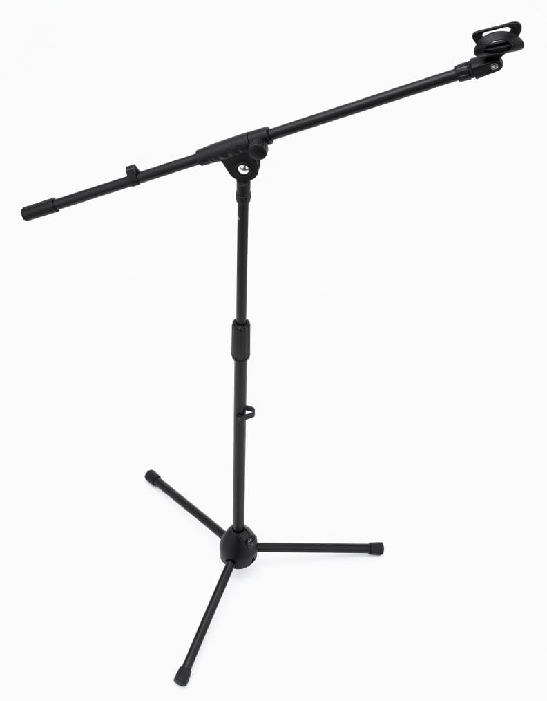 ROCKSTAR - Soporte de Micrófono de Suelo MS80B con Brazo Jirafa 75 cm, Altura Ajustable 85-165 cm, Pie Trípode Estable Base Nylon Antideslizante, Compatible para Estudio, Directo y Podcast