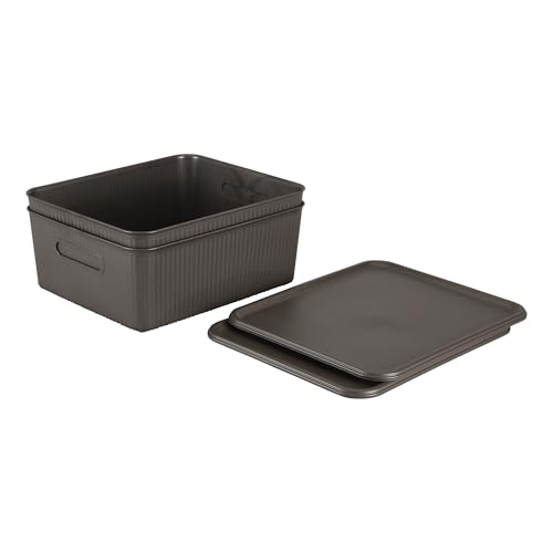 Image of Kolorr Ribbed Baskets Medium Pack of 2 With 2 Standard Lid (Non-Airtight Loose-Fit Cover) Multipurpose Plastic Storage Baskets For Cloths Wardrobe Home Kitchen & Livingroom I Dark Brown